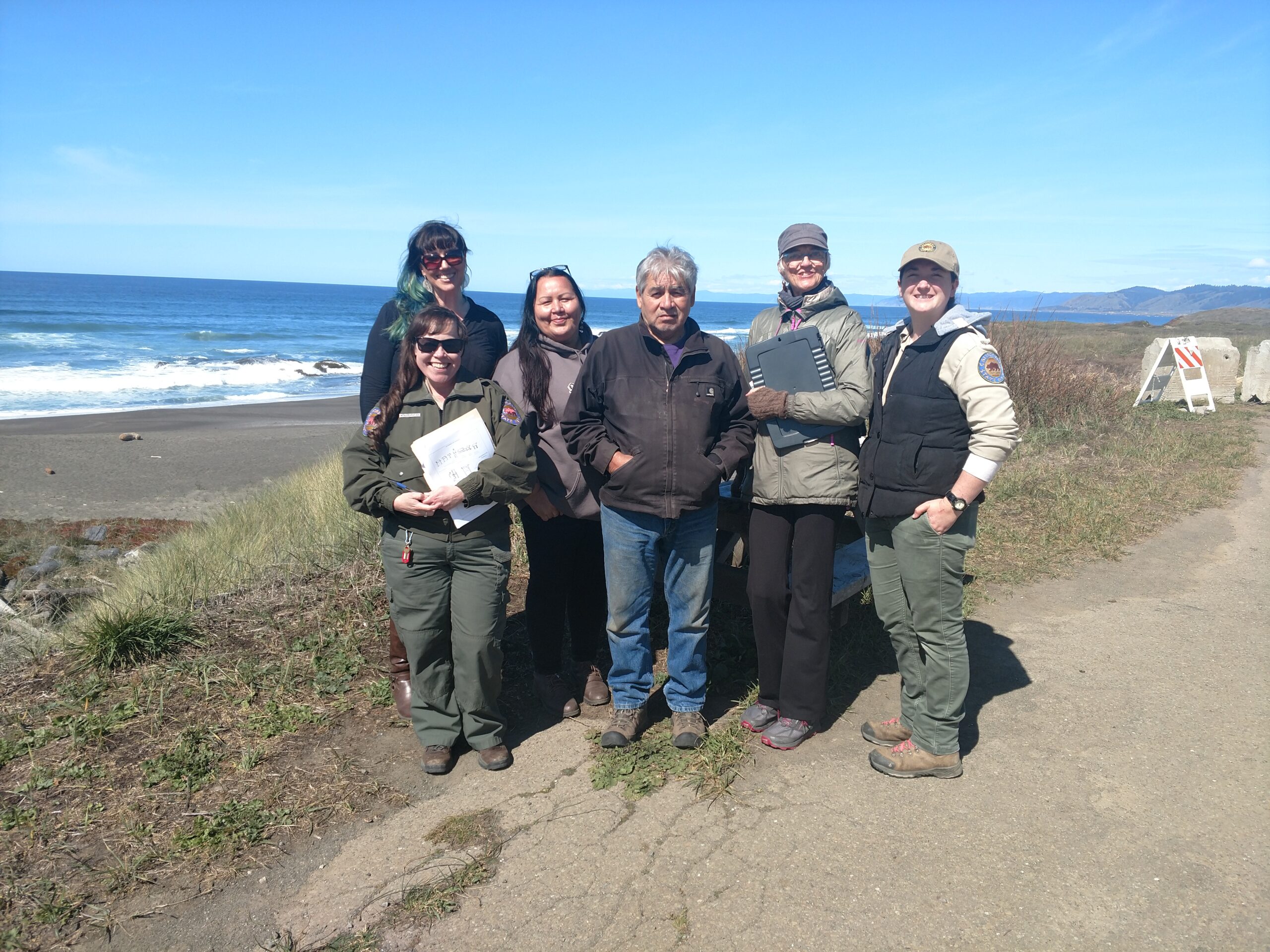 Site visit with representatives from local tribes to create 4 new interpretive panels at MacKerricher State Park featuring stories from local tribes. MacKerricher currently has no educational materials or acknowledgement of local tribes in spite of the fact that the park is the site of the former Mendocino Indian Reservation. Pictured: Michelle Levesque, Elizabeth Cameron, Tina Sutherland, Eddie Knight, Erica Fielder, Katherine Gabrielson, CSP Interpreter.