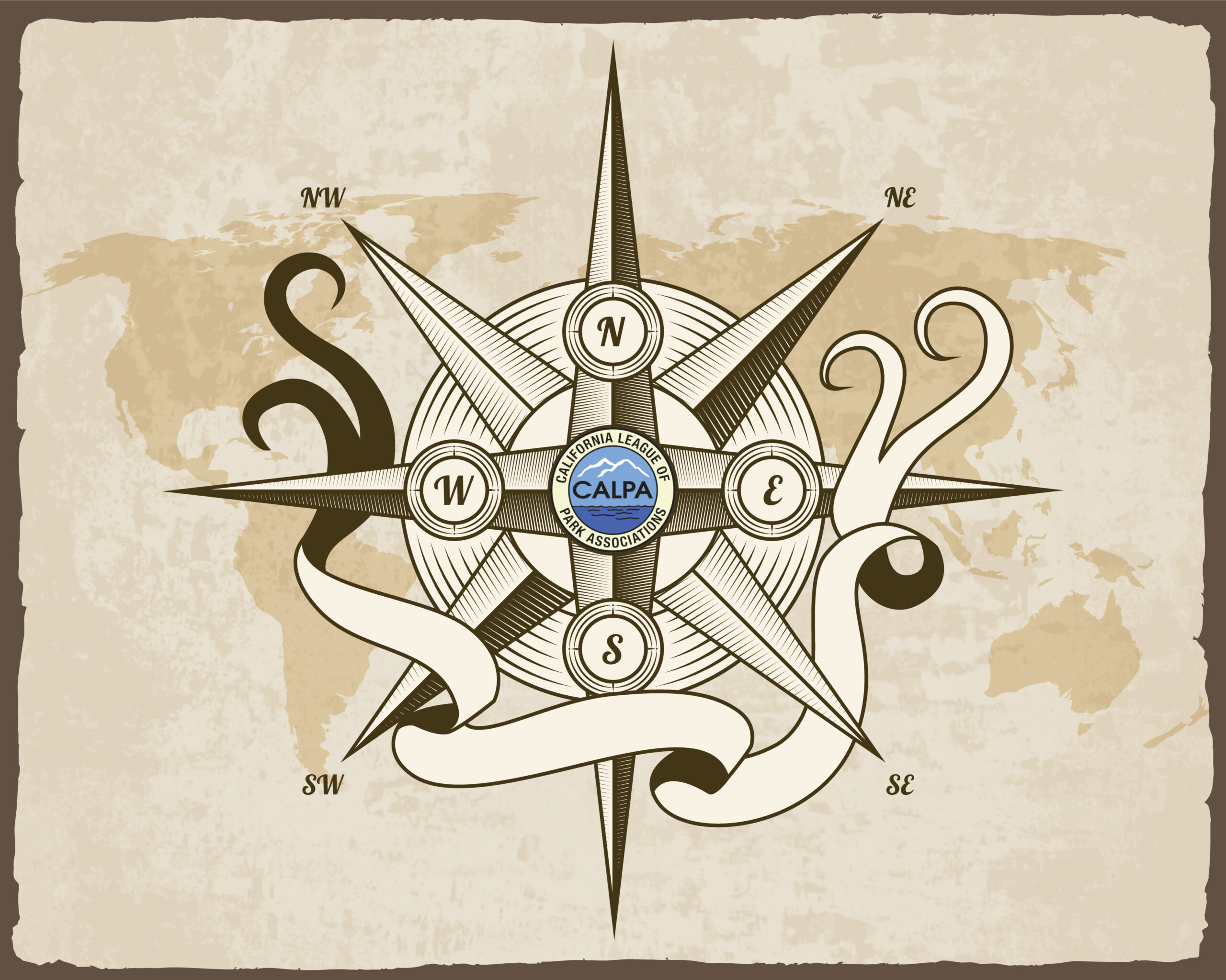 Vintage nautical compass. Old world map on vector paper texture with grunge border frame. Wind rose. With CALPA logo.